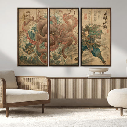 Tsukioka Yoshitoshi Samurai Wall Art Print, Japanese Katana Warrior Canvas Wall Art, Octopus Sea Monster Canvas Print,