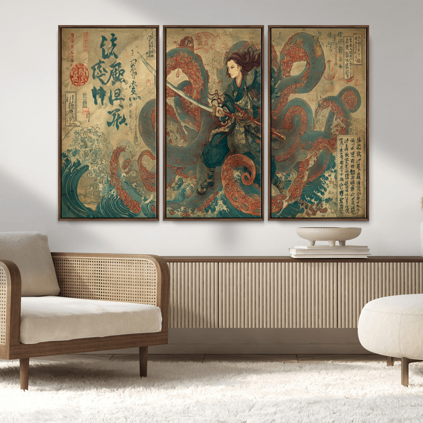 Tsukioka Yoshitoshi Samurai Wall Art Print, Japanese Katana Warrior Canvas Wall Art, Octopus Sea Monster Canvas Print,