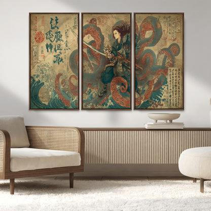 Tsukioka Yoshitoshi Samurai Wall Art Print, Japanese Katana Warrior Canvas Wall Art, Octopus Sea Monster Canvas Print,