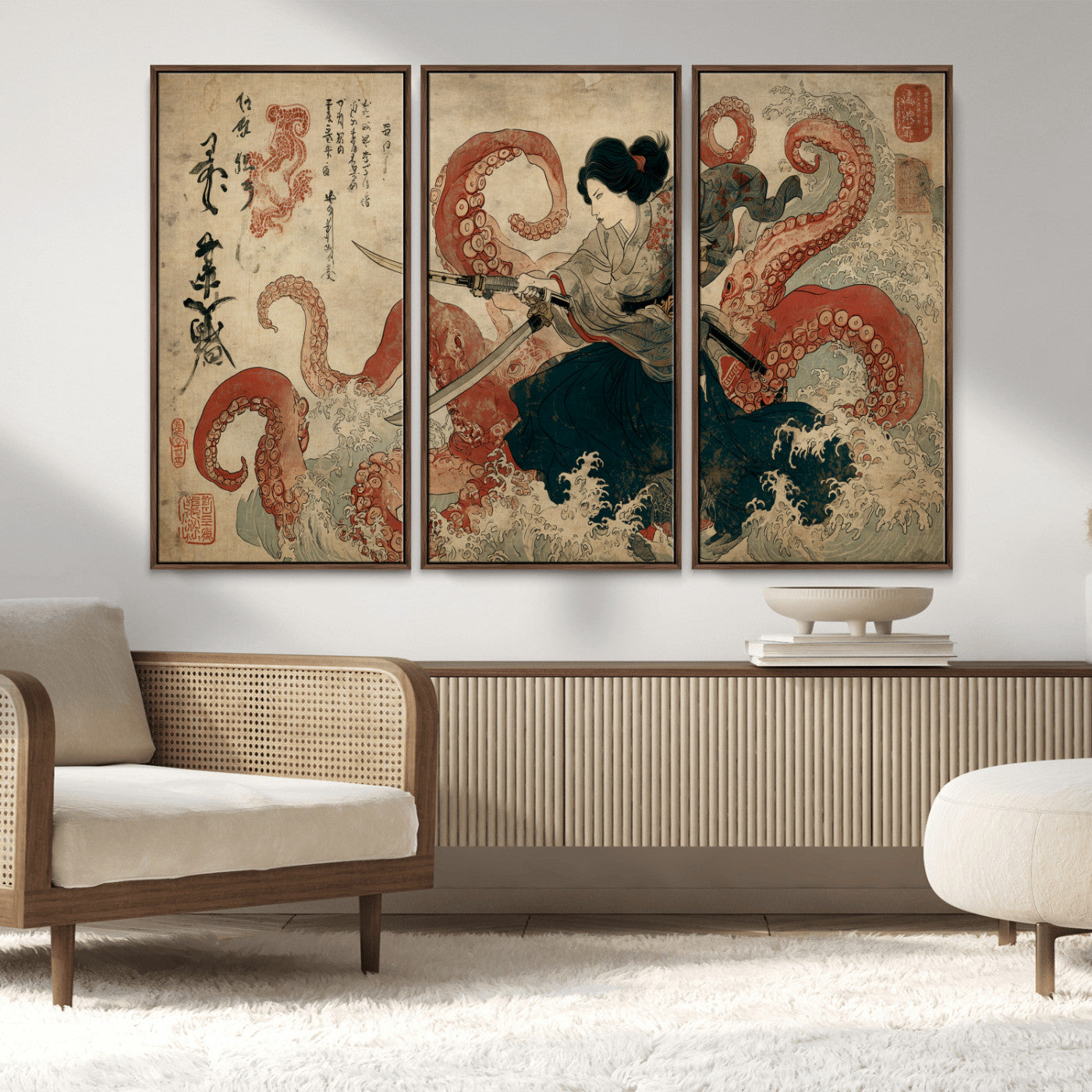 Tsukioka Yoshitoshi Samurai Wall Art Print, Japanese Katana Warrior Canvas Wall Art, Octopus Sea Monster Canvas Print,