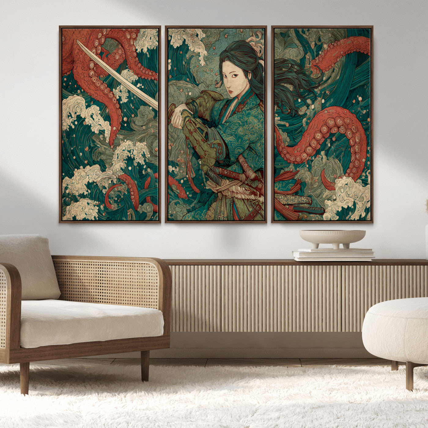 Tsukioka Yoshitoshi Samurai Wall Art Print, Japanese Katana Warrior Canvas Wall Art, Octopus Sea Monster Canvas Print,