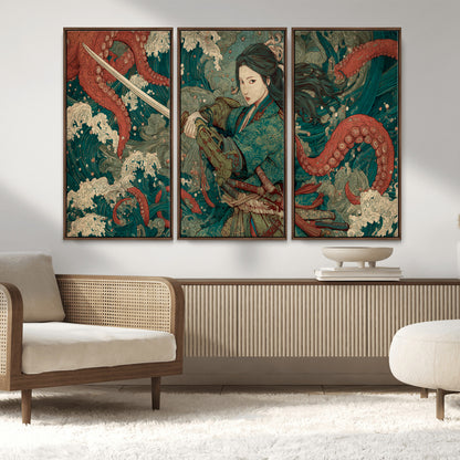 Tsukioka Yoshitoshi Samurai Wall Art Print, Japanese Katana Warrior Canvas Wall Art, Octopus Sea Monster Canvas Print,