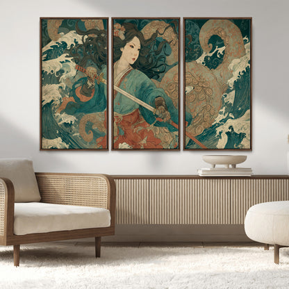 Tsukioka Yoshitoshi Samurai Wall Art Print, Japanese Katana Warrior Canvas Wall Art, Octopus Sea Monster Canvas Print,