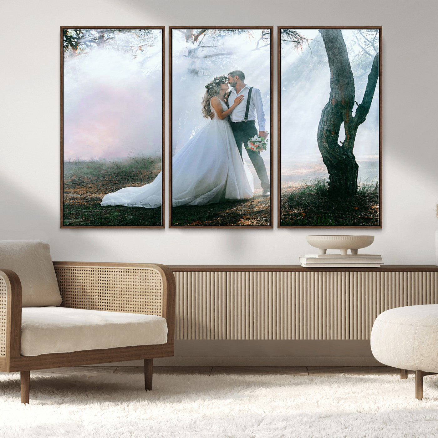 MGV-FC-48X32-3P - Forest Wedding Wall Art – Romantic Bride and Groom Canvas Print, Enchanted Woodland Photography Decor for Bedroom, Living Room, or Wedding Gift