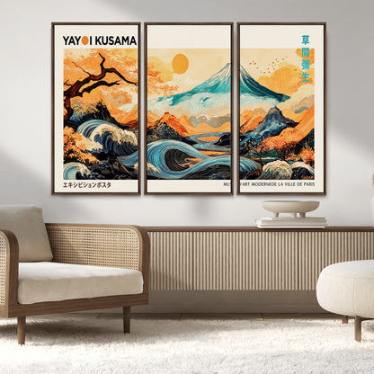 Modern Japanese-style art print featuring a stylized Mount Fuji, flowing waves, and vibrant landscapes in bold colors, inspired by traditional and contemporary aesthetics.