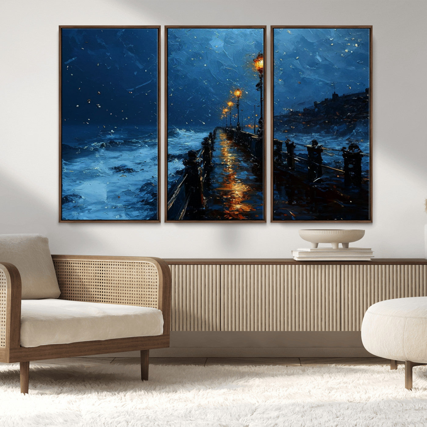"Impressionistic painting of a rainy pier at night with glowing street lamps reflecting on the wet surface, ocean waves crashing under a dark blue sky."