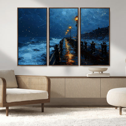 "Impressionistic painting of a rainy pier at night with glowing street lamps reflecting on the wet surface, ocean waves crashing under a dark blue sky."