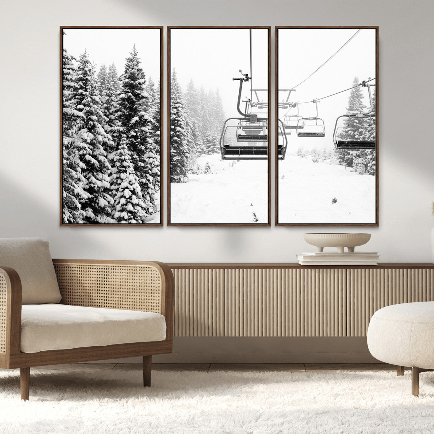 Black and white canvas of empty ski lifts over a snowy pine forest, perfect for minimal winter or ski lodge-inspired decor.