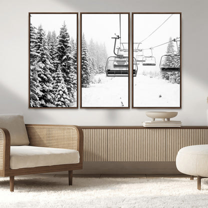 Black and white canvas of empty ski lifts over a snowy pine forest, perfect for minimal winter or ski lodge-inspired decor.