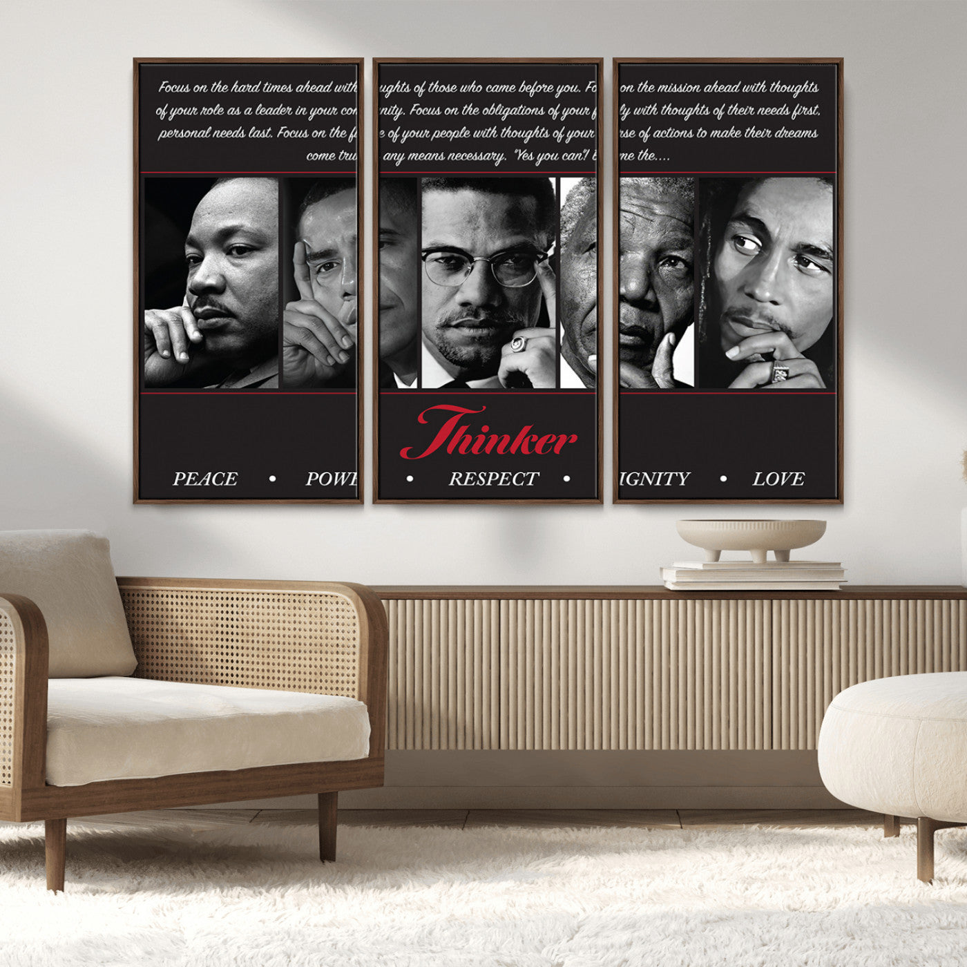Monochrome canvas of iconic Black leaders with a powerful quote, perfect for modern spaces with a cultural or motivational theme.