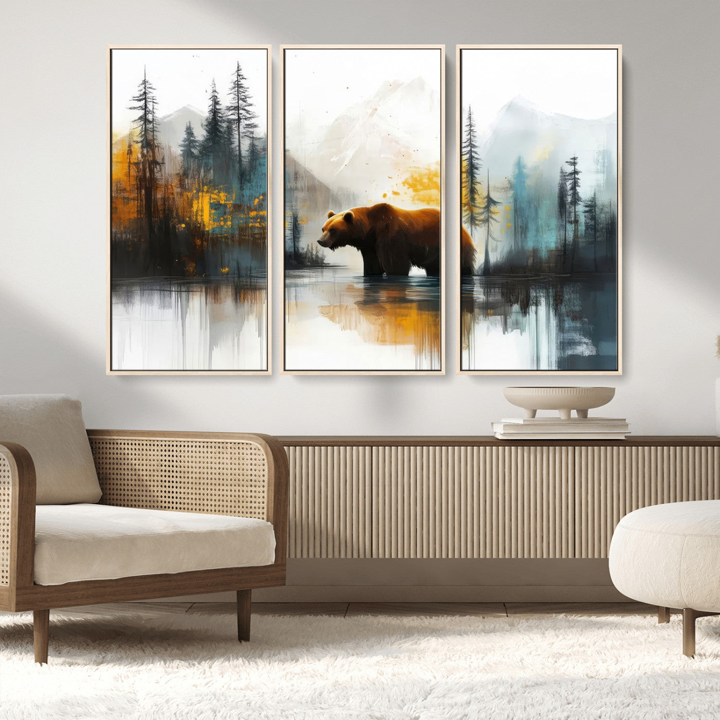 A majestic bear stands by the serene waters of a misty forest, surrounded by towering trees and distant mountains, evoking the raw beauty and wild spirit of nature.