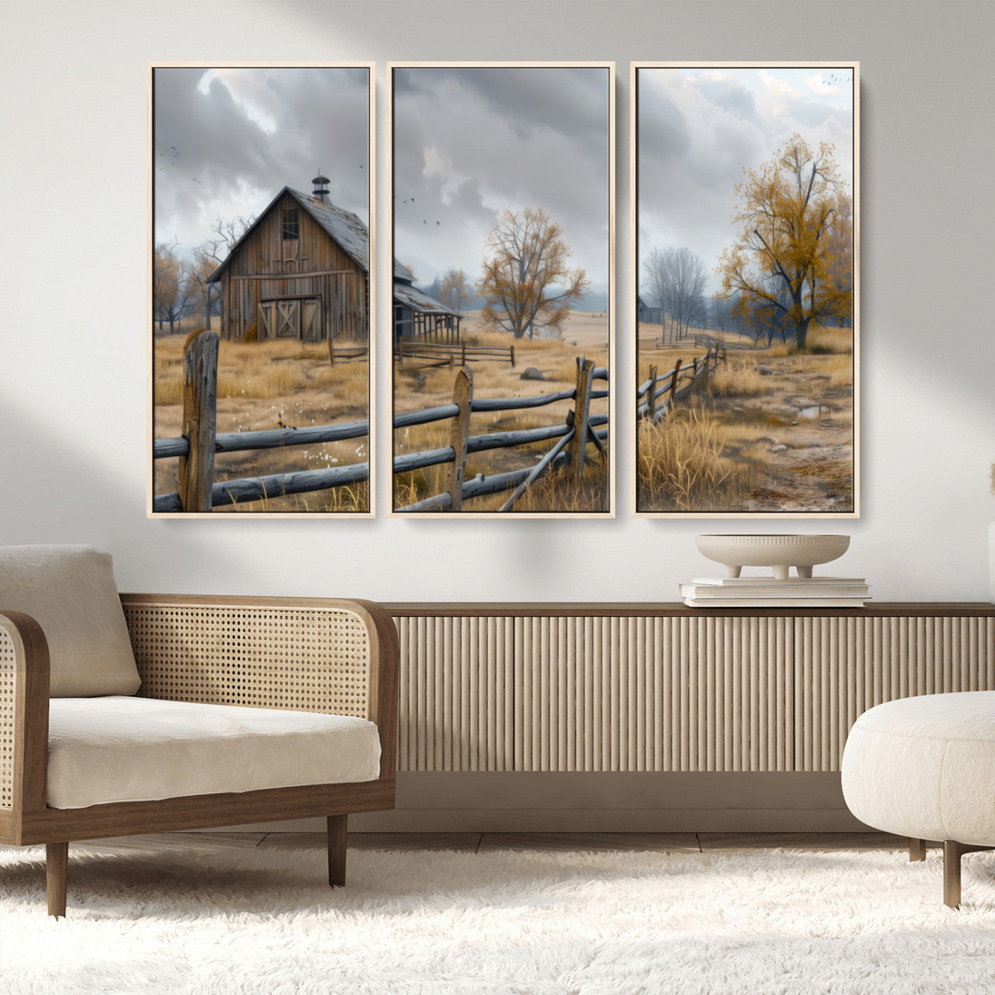A tranquil rural scene featuring a rustic barn, overcast skies, and golden fields with scattered trees, evoking a sense of peaceful solitude in nature.