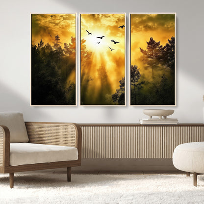 Canvas of a golden forest at sunset with birds flying through glowing sunbeams and silhouetted pine trees, ideal for warm-toned rustic decor.