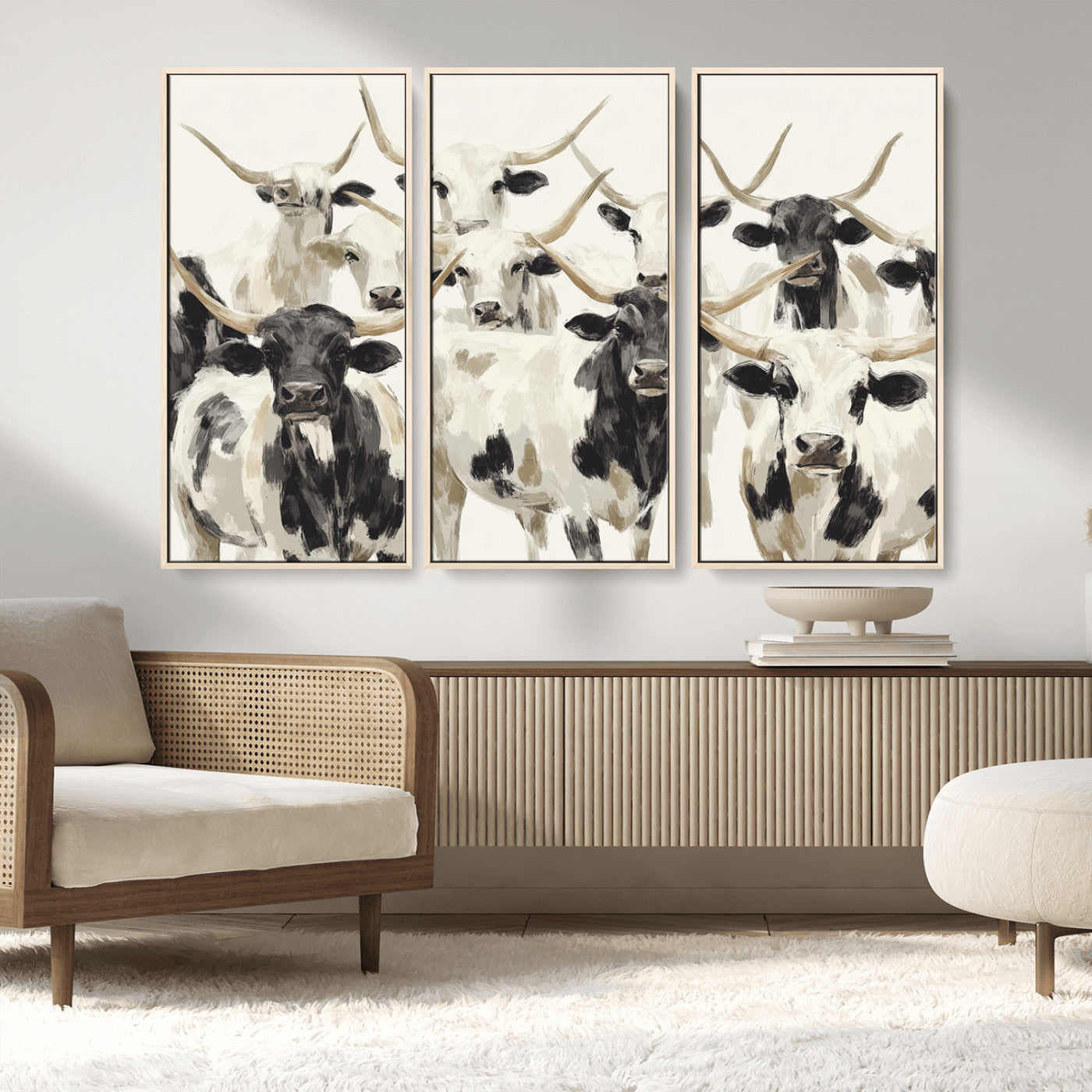 Canvas of a Texas Longhorn cattle herd in neutral black and white tones, ideal for rustic farmhouse or western-themed decor.