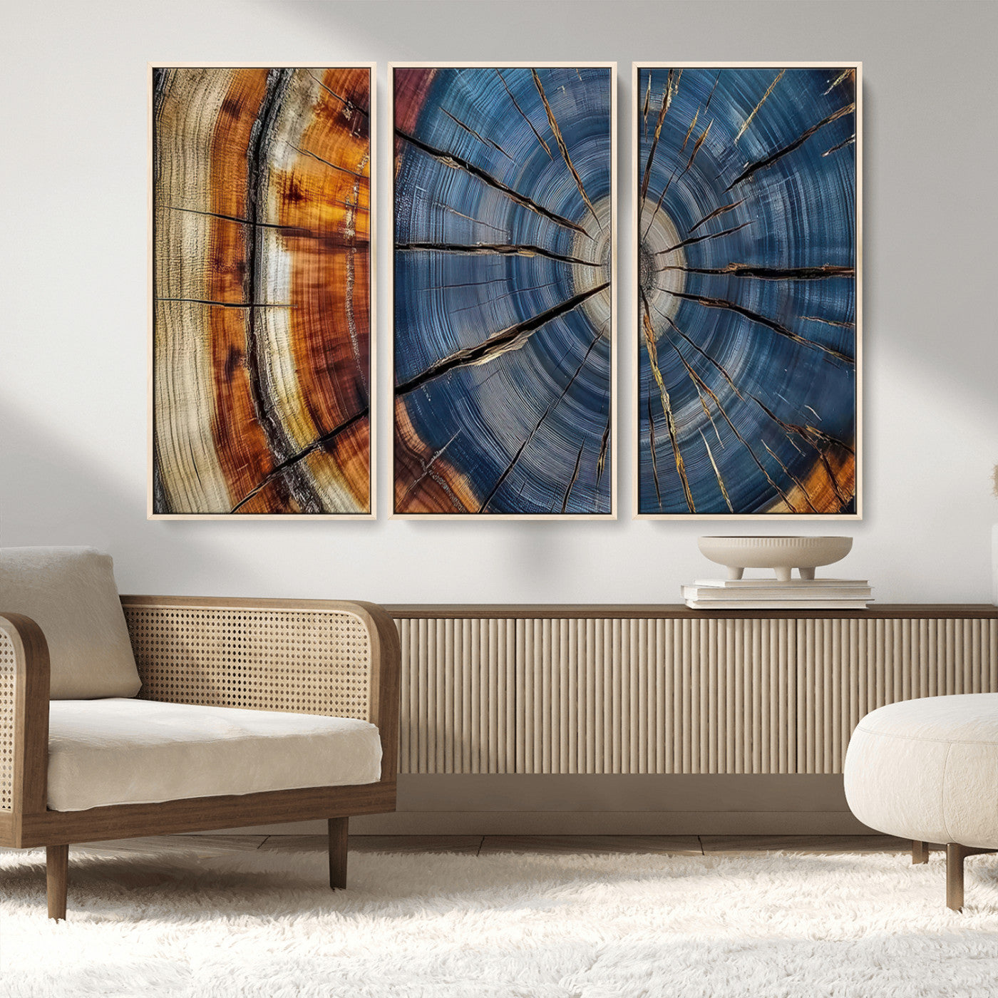 A stunning close-up view of a tree trunk, showcasing the intricate growth rings in a vibrant mix of warm browns, cool blues, and hints of natural texture.