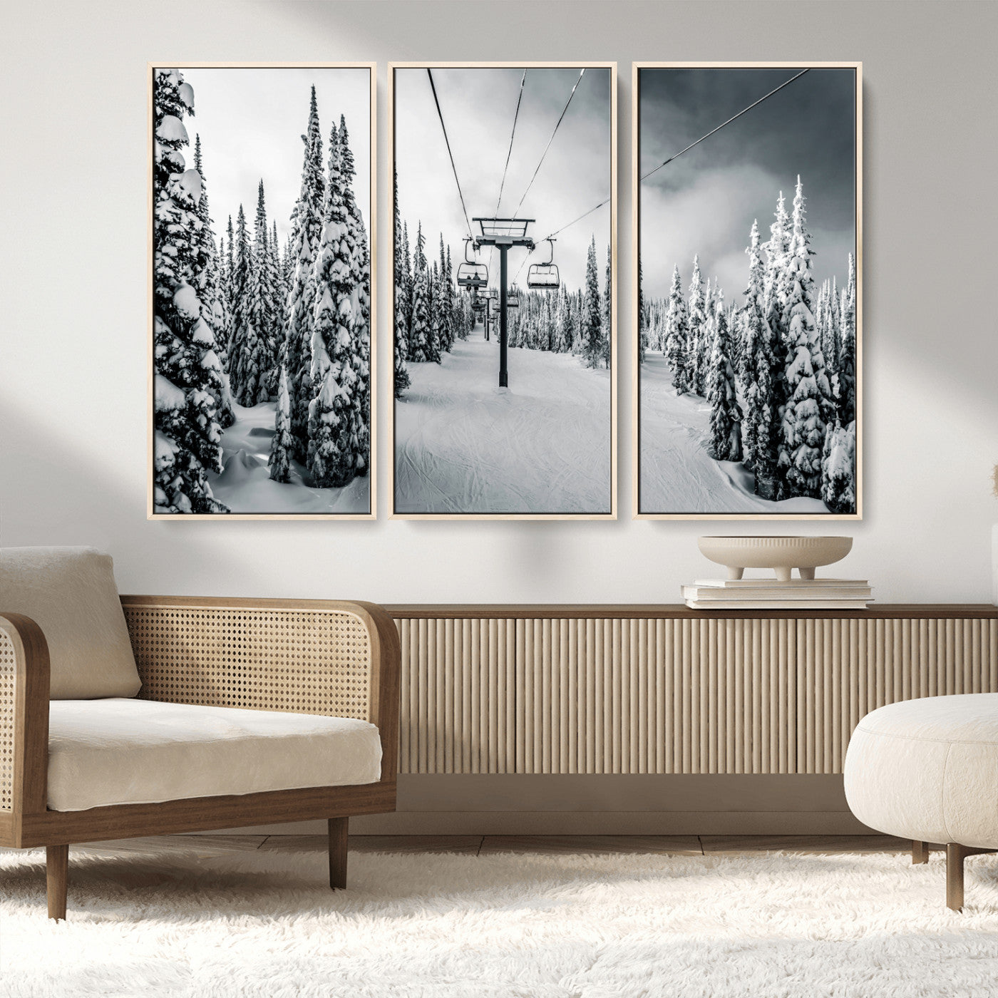 Canvas of a snowy ski lift scene through a forest of tall pine trees, ideal for moody winter or alpine-themed home decor.