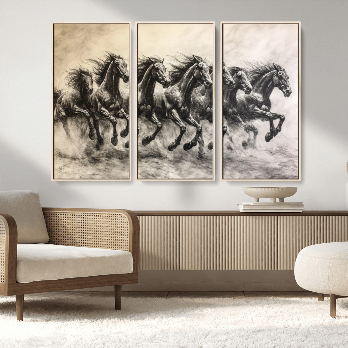 Monochrome drawing of a herd of galloping horses, perfect for dynamic and wild-themed decor in any equestrian or nature-inspired room.