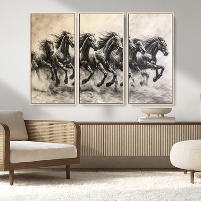 Monochrome drawing of a herd of galloping horses, perfect for dynamic and wild-themed decor in any equestrian or nature-inspired room.