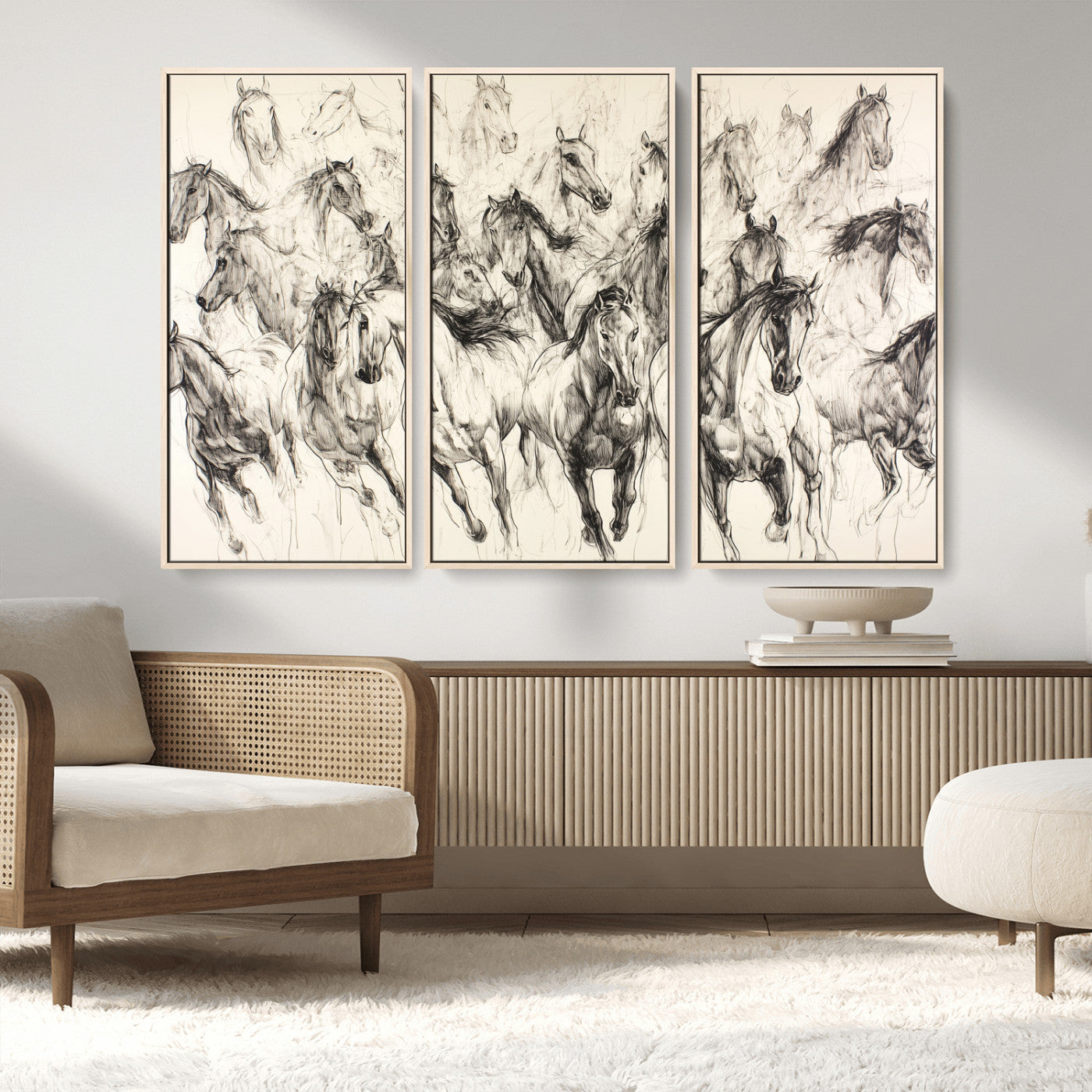 Monochrome ink sketch of galloping horses in dynamic motion, perfect for western or equine-themed wall decor with bold artistic energy.
