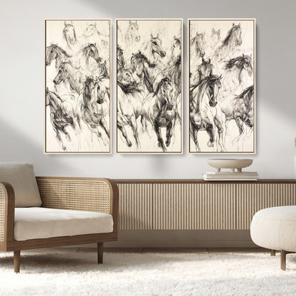 Monochrome ink sketch of galloping horses in dynamic motion, perfect for western or equine-themed wall decor with bold artistic energy.