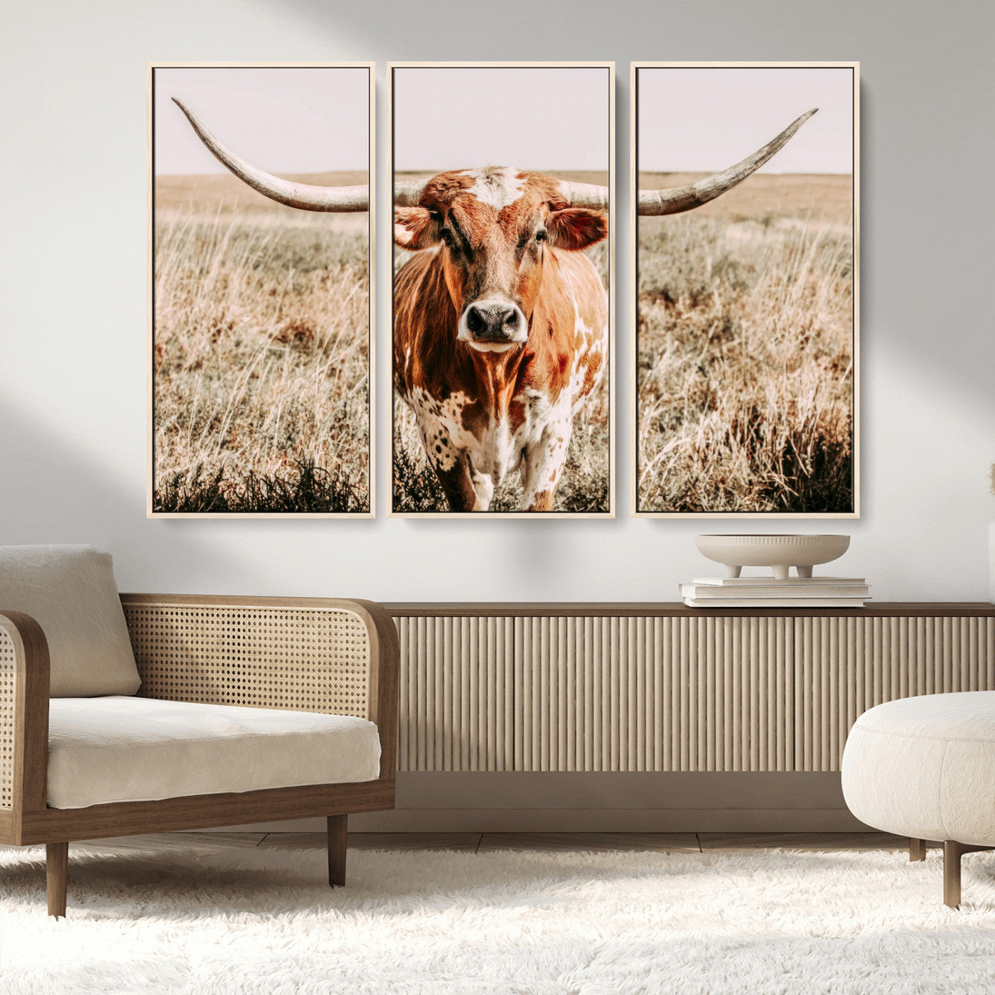 Framed longhorn cow canvas wall art with rustic prairie background, western animal print perfect for farmhouse or ranch style decor