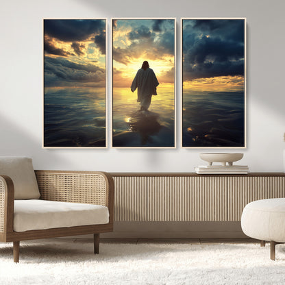 Spiritual artwork of Jesus walking on water at golden hour with divine light, ideal for Christian home decor or prayer room.