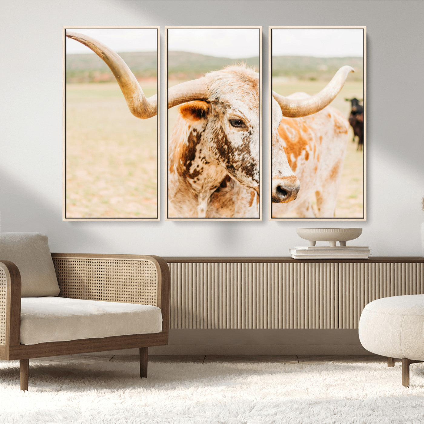 Close-up of a speckled Texas Longhorn in warm prairie tones, perfect for rustic western or countryside-themed room decor.