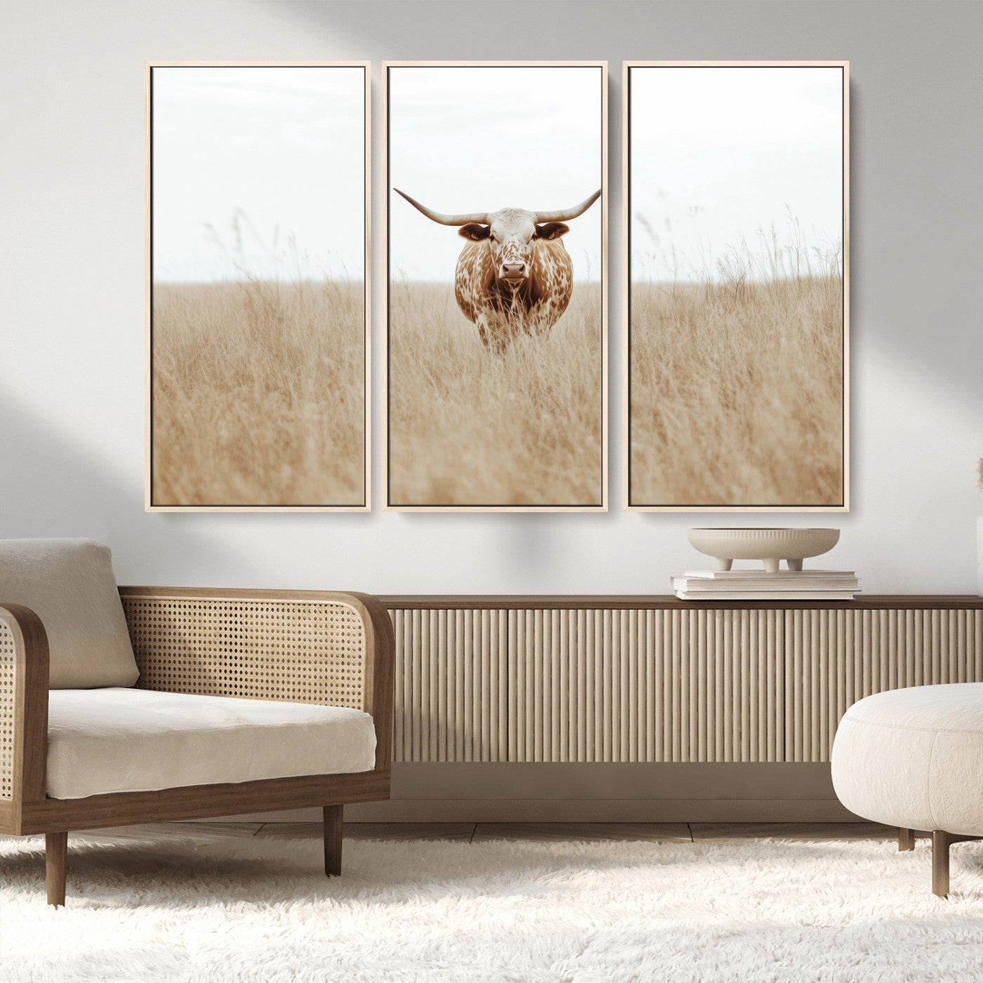 Texas Longhorn bull standing alone in dry grass with neutral tones, ideal for rustic western or cowboy-themed wall decor.