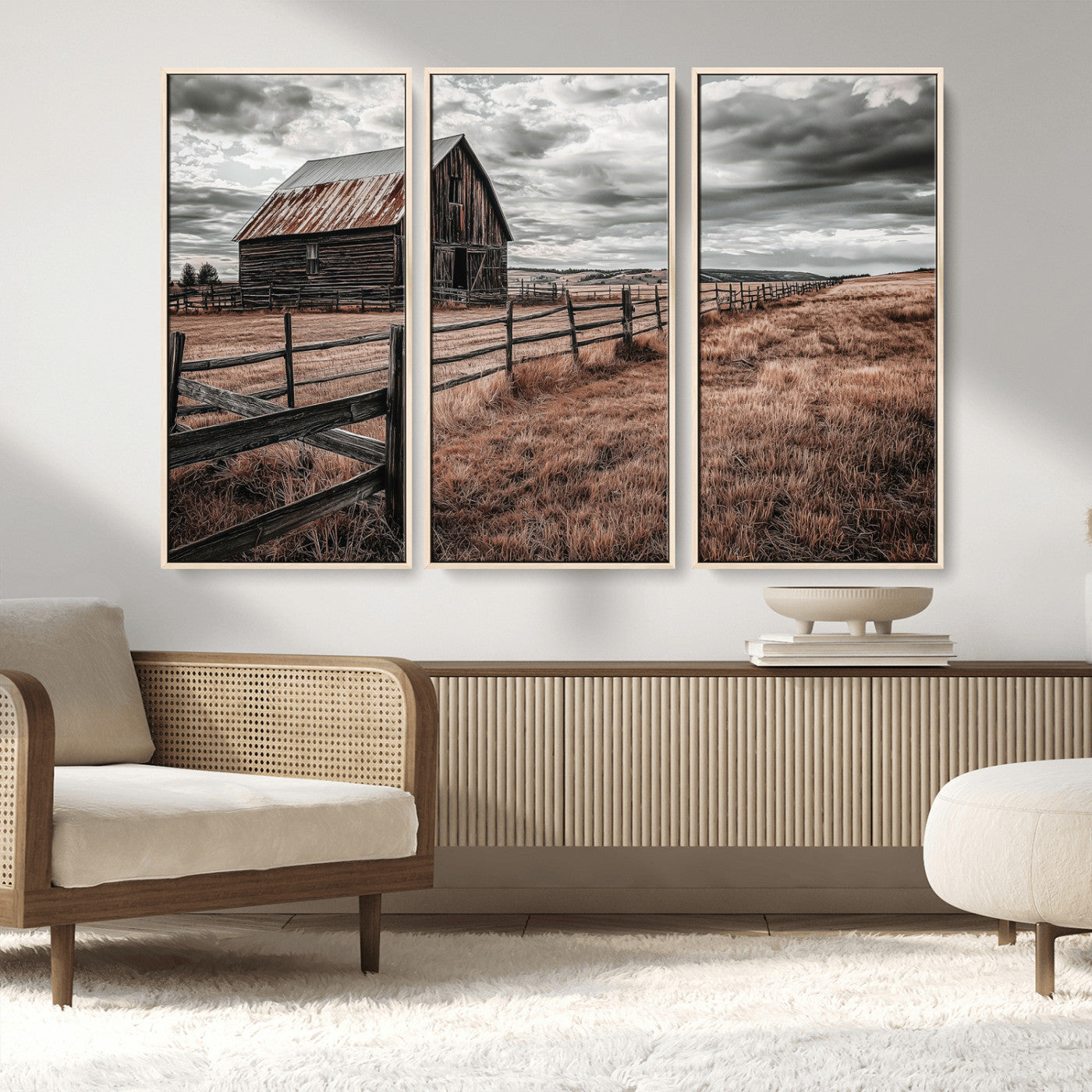 Framed canvas of a rustic barn under a moody sky with weathered fence and dark fields, ideal for farmhouse or rural-style wall decor.