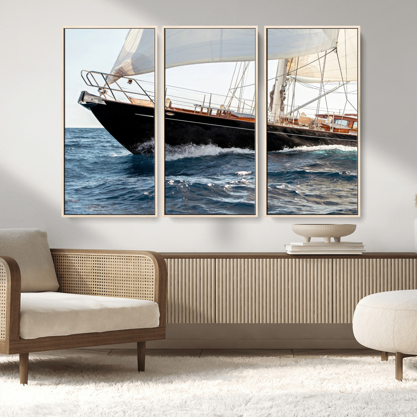 Close-up of a classic sailing yacht with wooden deck and full sails, perfect for nautical or coastal-style decor in ocean-themed spaces.