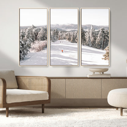 Bright ski trail lined with snow-covered pines and a skier in orange, perfect for alpine adventure or winter sports-inspired decor.