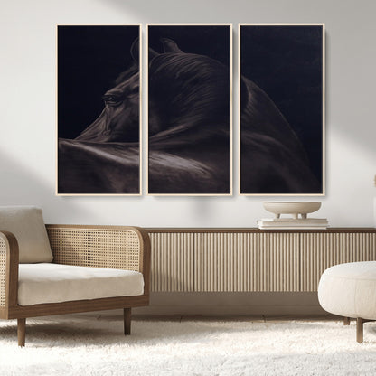 Close-up of a black horse with dramatic lighting on a dark background, perfect for rustic or masculine home decor.