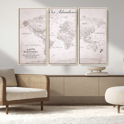 Customize Push Pin World Map Wall Canvas Print – Personalized Travel Map with Foam Pins – Framed Custom Quotie Canvas for Home Office Decor