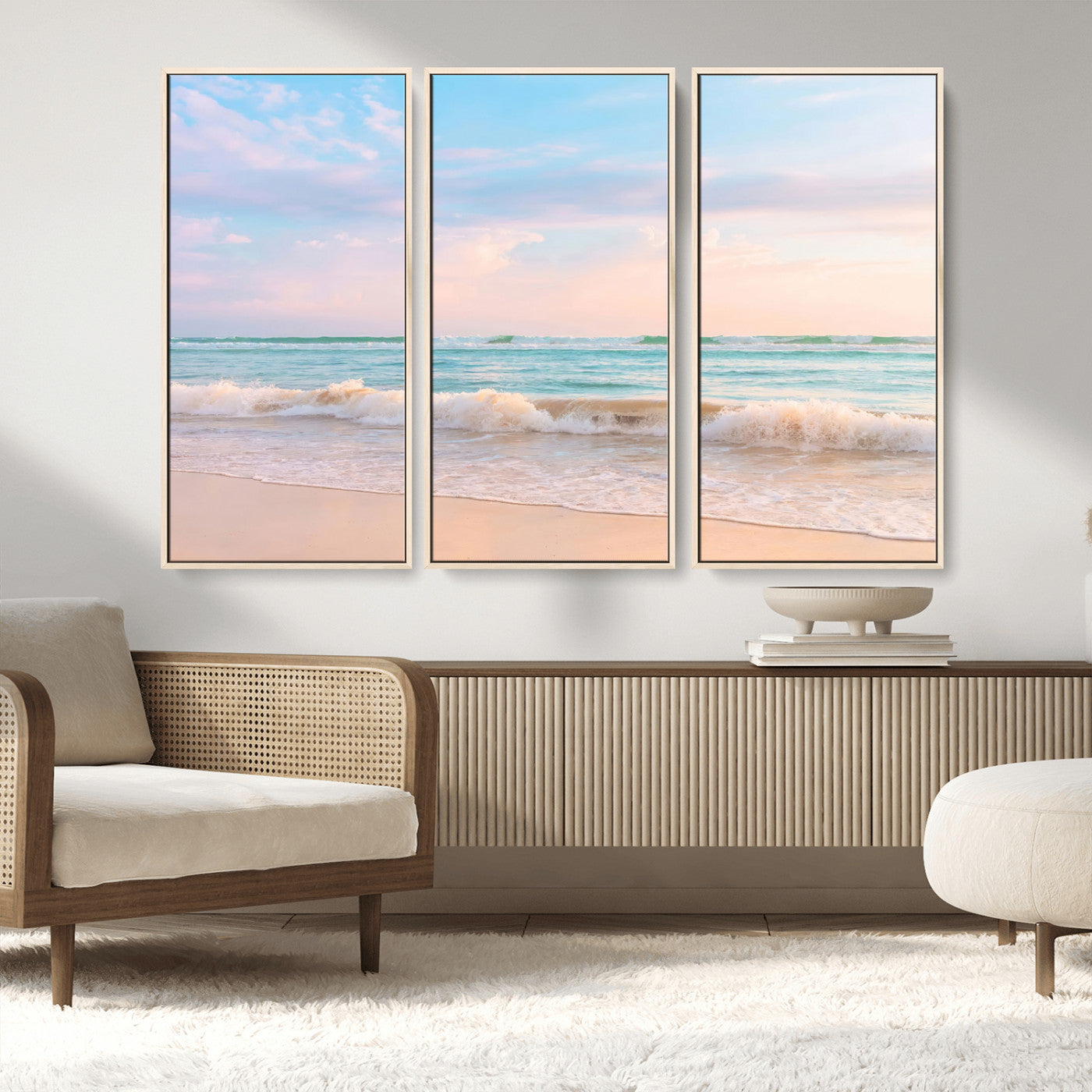 A peaceful beach scene with soft pastel skies, gentle waves washing up on the sandy shore, creating a calm and serene ocean view.
