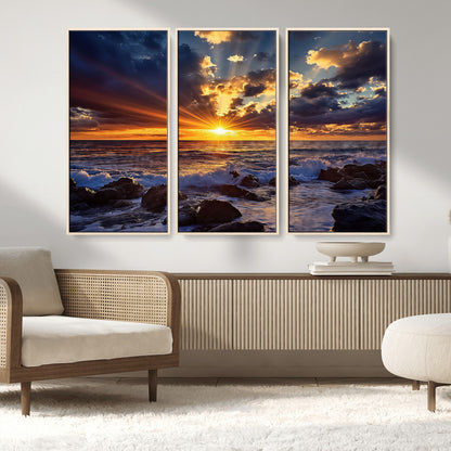 An explosive sunset over the ocean with dramatic clouds and rays of sunlight reflecting off the water, creating a vibrant and captivating view.