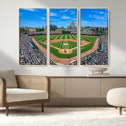 Wrigley Field Baseball Stadium Canvas Wall Art, Packed Crowd Sports Stadium Print, City Skyline Baseball Field Canvas for Game Room Decor