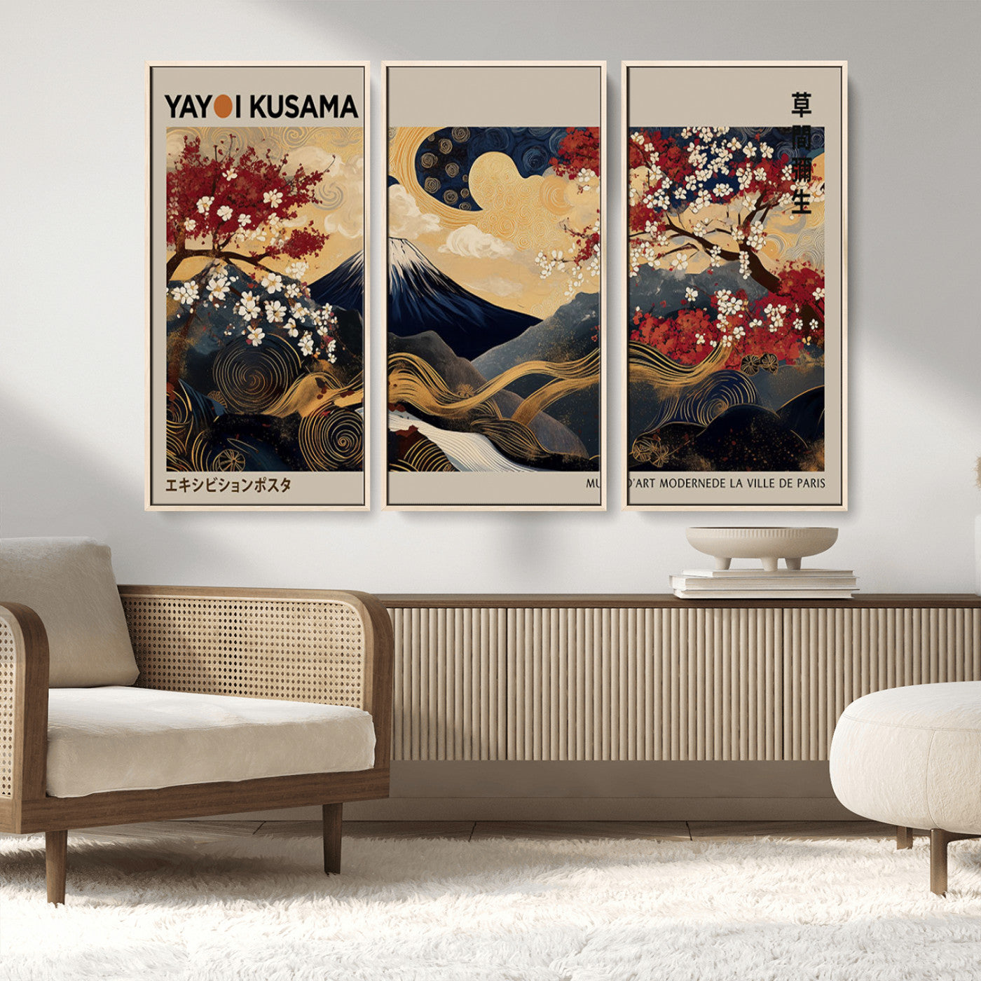 Yayoi Kusama's artwork featuring Mount Fuji, blooming cherry trees, and intricate swirls, blending traditional Japanese elements with vibrant color.
