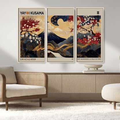 Yayoi Kusama's artwork featuring Mount Fuji, blooming cherry trees, and intricate swirls, blending traditional Japanese elements with vibrant color.