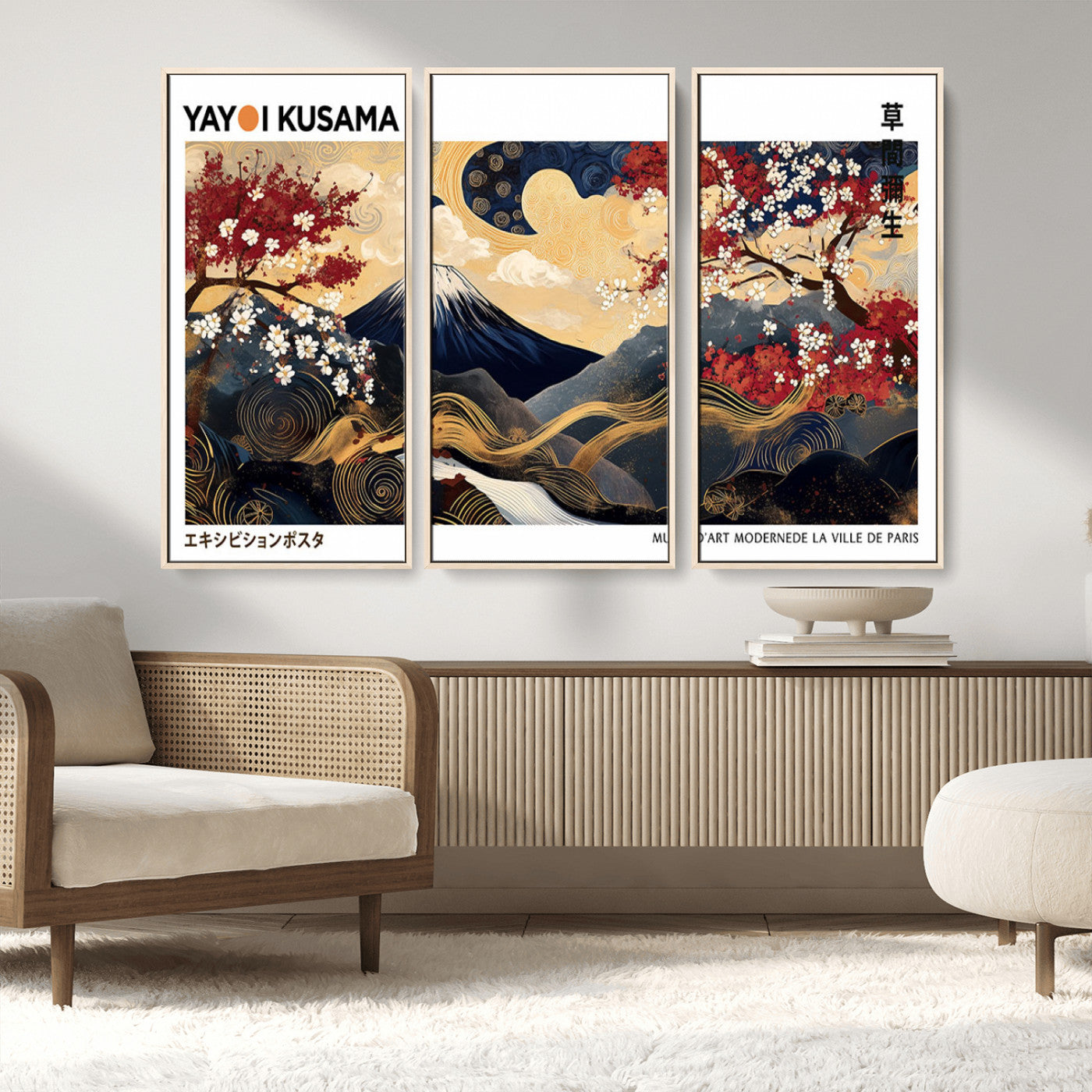 An artwork by Yayoi Kusama featuring Mount Fuji, blooming cherry blossoms, and swirling patterns in a harmonious blend of nature and art.
