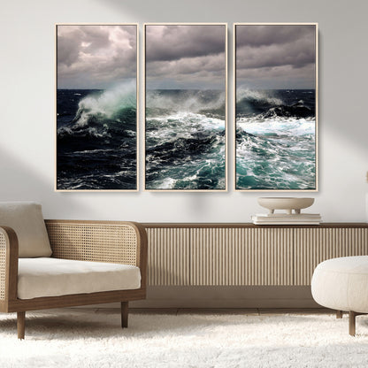 Powerful ocean waves crashing under stormy skies, creating a dynamic and intense seascape.