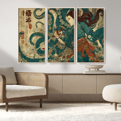 Tsukioka Yoshitoshi Samurai Wall Art Print, Japanese Katana Warrior Canvas Wall Art, Octopus Sea Monster Canvas Print,