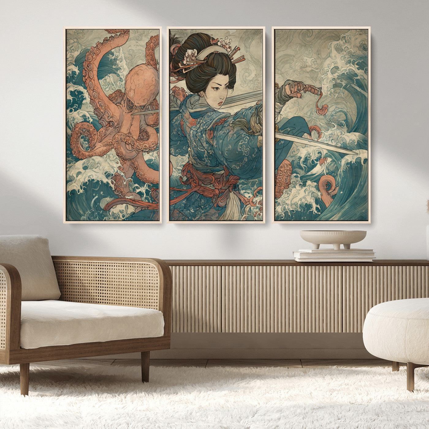 Tsukioka Yoshitoshi Samurai Wall Art Print, Japanese Katana Warrior Canvas Wall Art, Octopus Sea Monster Canvas Print,