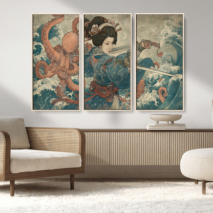 Tsukioka Yoshitoshi Samurai Wall Art Print, Japanese Katana Warrior Canvas Wall Art, Octopus Sea Monster Canvas Print,