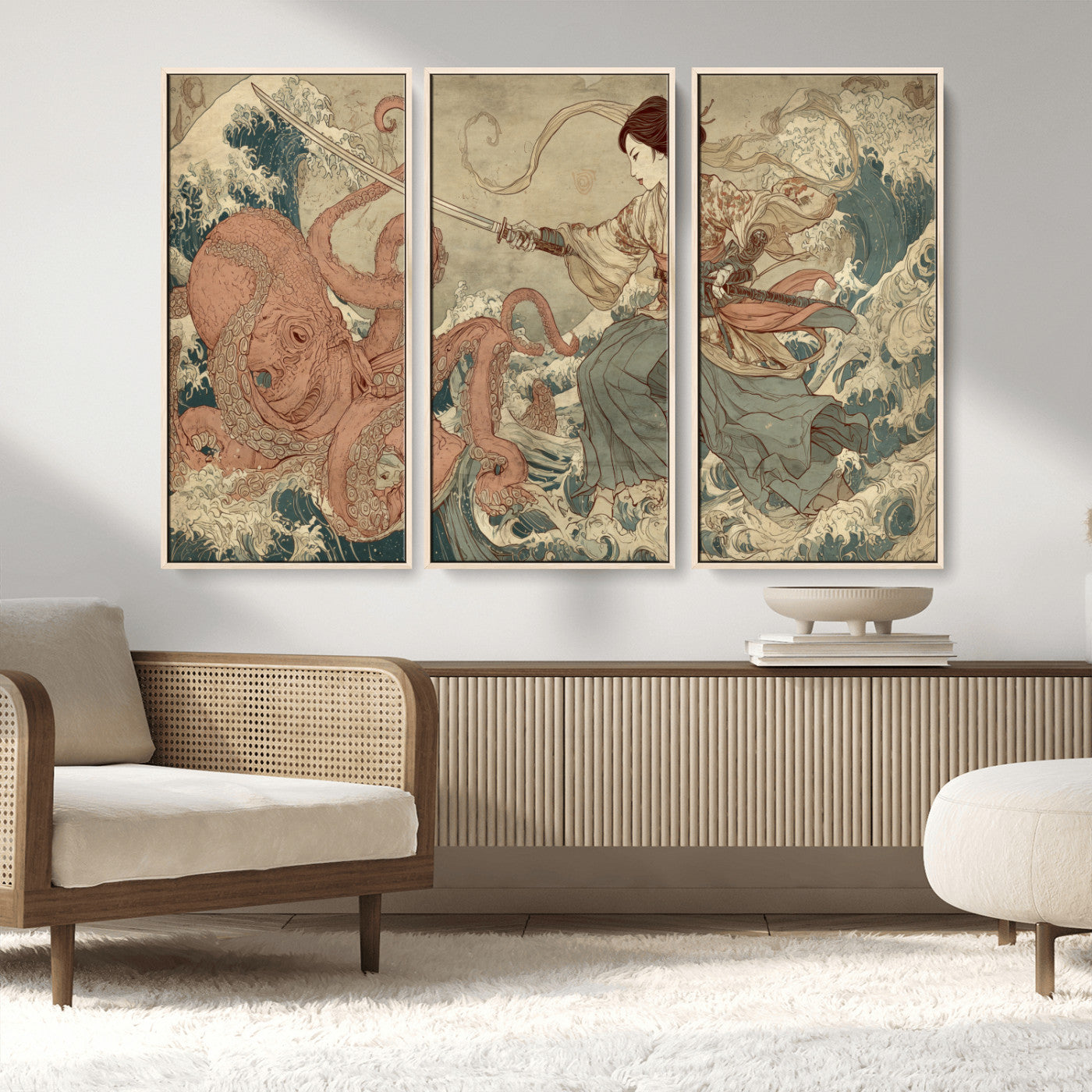 Tsukioka Yoshitoshi Samurai Wall Art Print, Japanese Katana Warrior Canvas Wall Art, Octopus Sea Monster Canvas Print,