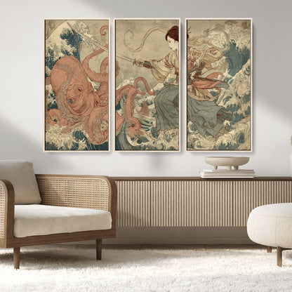 Tsukioka Yoshitoshi Samurai Wall Art Print, Japanese Katana Warrior Canvas Wall Art, Octopus Sea Monster Canvas Print,