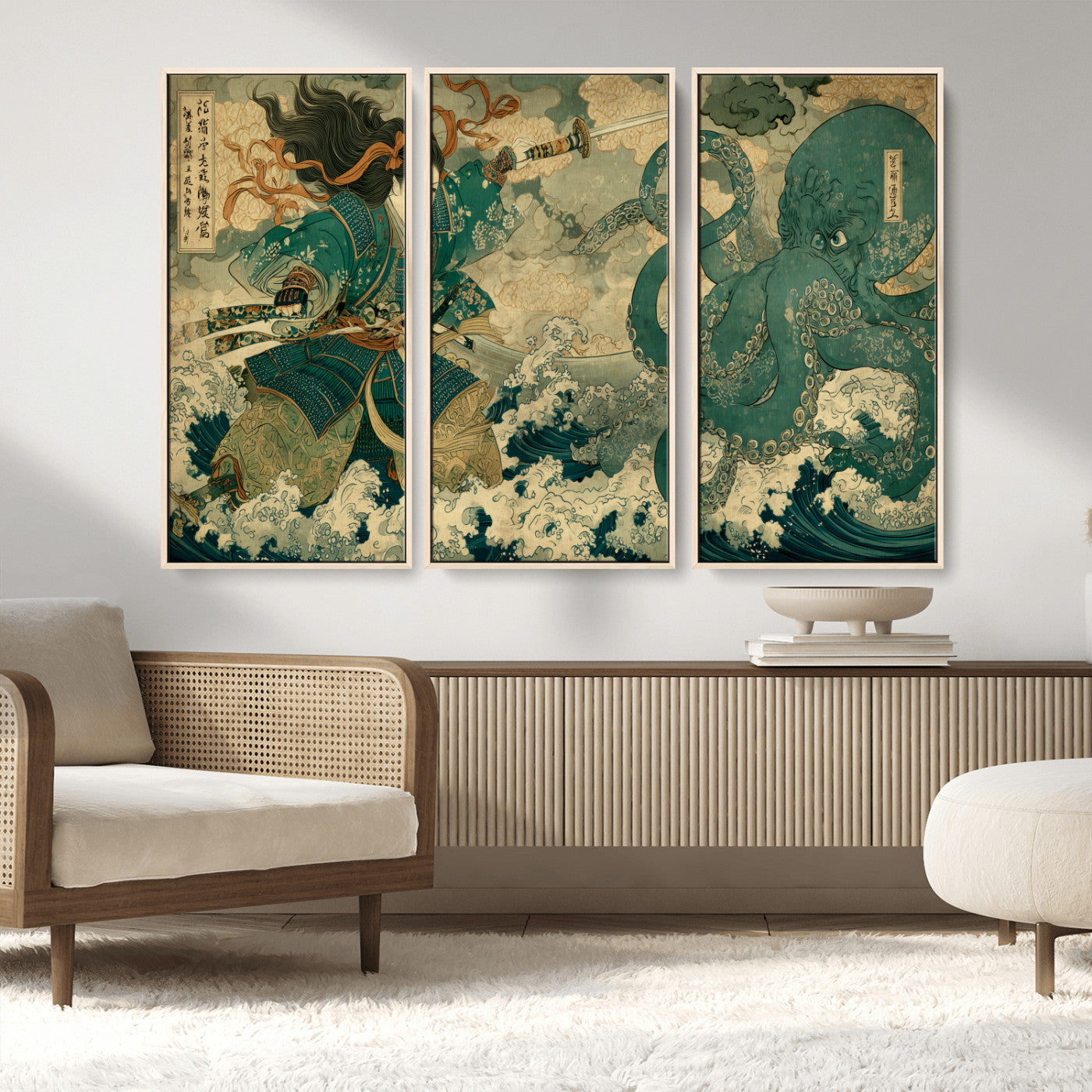 Tsukioka Yoshitoshi Samurai Wall Art Print, Japanese Katana Warrior Canvas Wall Art, Octopus Sea Monster Canvas Print,