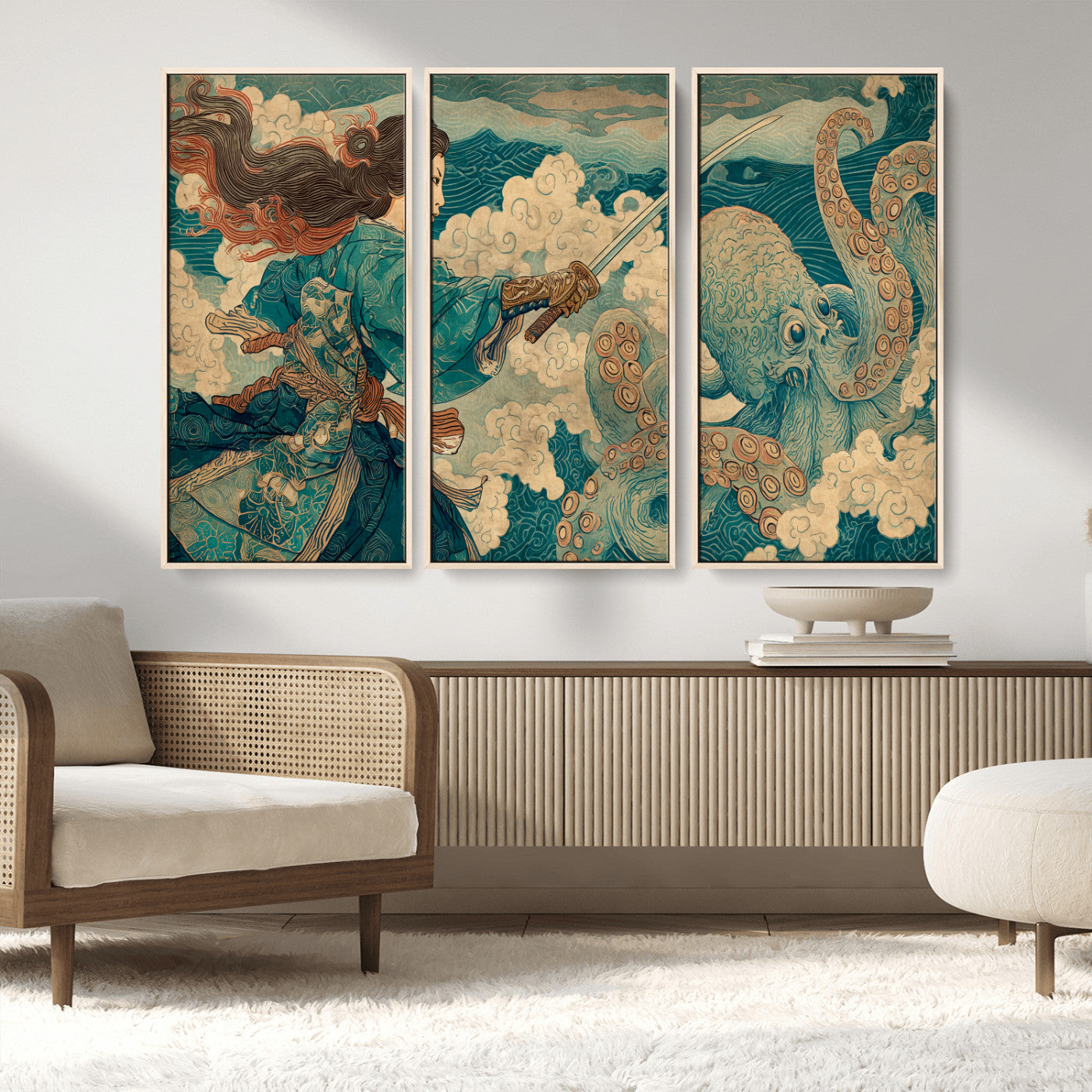 Tsukioka Yoshitoshi Samurai Wall Art Print, Japanese Katana Warrior Canvas Wall Art, Octopus Sea Monster Canvas Print,