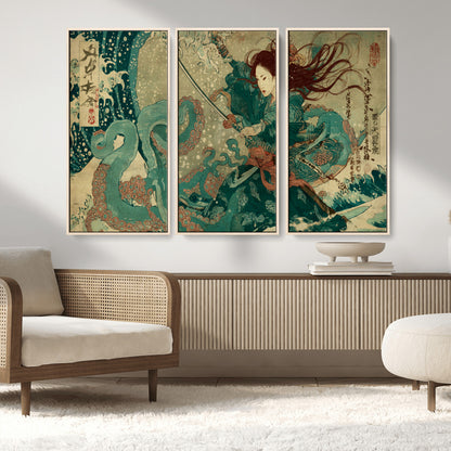 Tsukioka Yoshitoshi Samurai Wall Art Print, Japanese Katana Warrior Canvas Wall Art, Octopus Sea Monster Canvas Print,