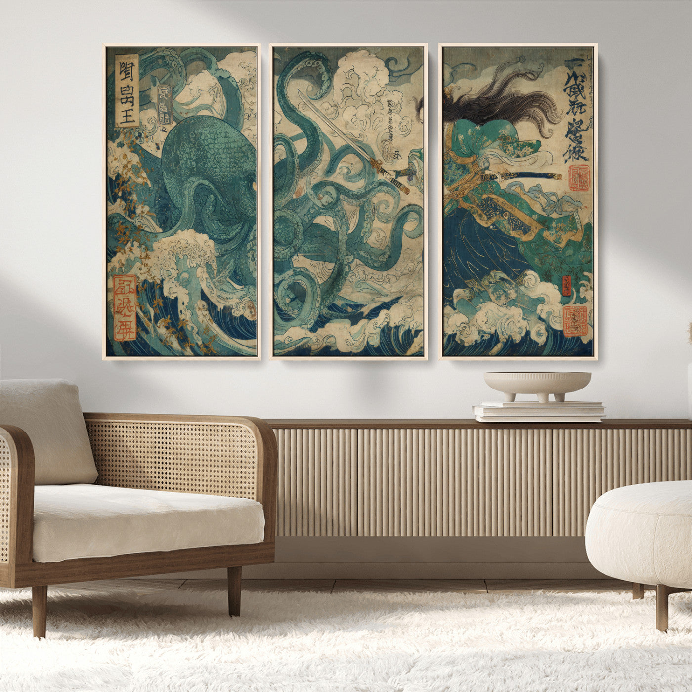 Tsukioka Yoshitoshi Samurai Wall Art Print, Japanese Katana Warrior Canvas Wall Art, Octopus Sea Monster Canvas Print,