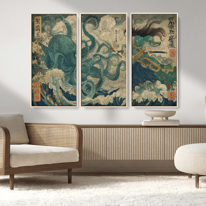 Tsukioka Yoshitoshi Samurai Wall Art Print, Japanese Katana Warrior Canvas Wall Art, Octopus Sea Monster Canvas Print,